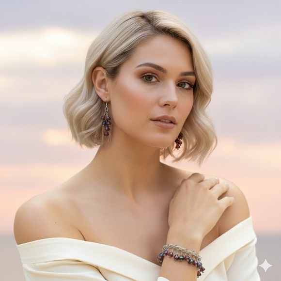 Bracelet 6.75" Beaded Charm Earrings Set Handmade Red Czech Glass Flower Dangle - Picture 8 of 11